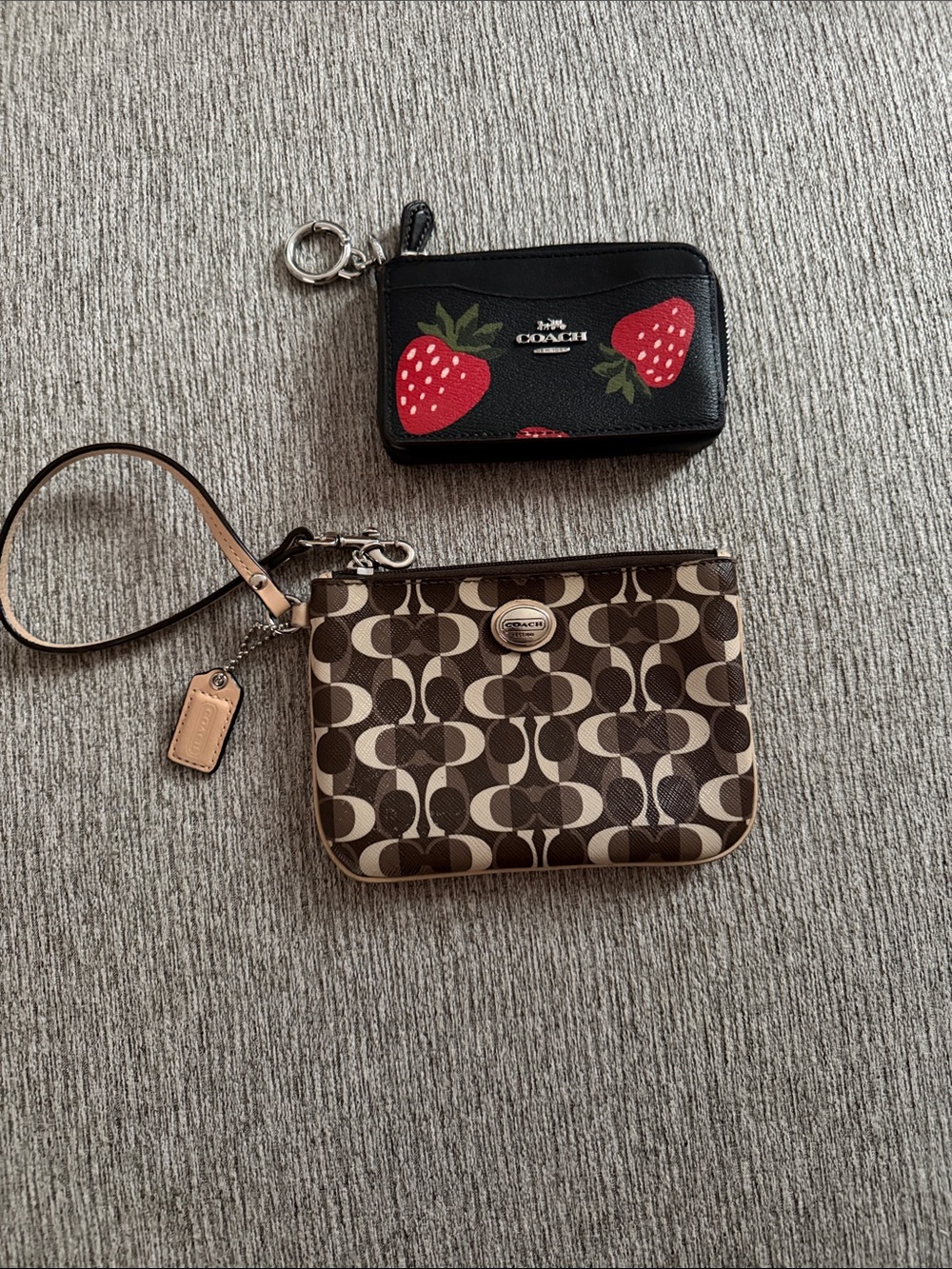 Coach Black Strawberry Zip Card Case & Brown Signature Canvas Wristlet